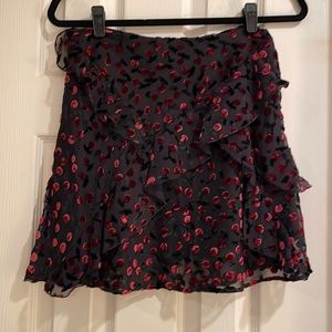 The Kooples burn-out velvet cherries on black ruffled mini skirt, sz 2, EUC!